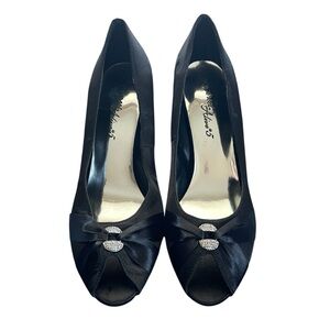 Easy Street Alive 5 Black Satin Peep Toe Rhinestone-Embellished Brooch Heels